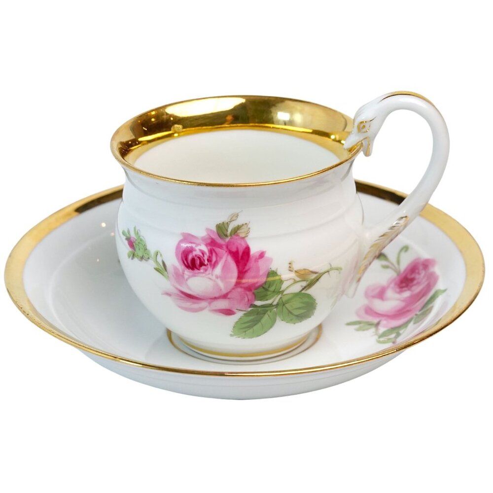 Meissen Hand Painted Pink Rose & Gold Swan Handle Tea Cup & Saucer-19th Century